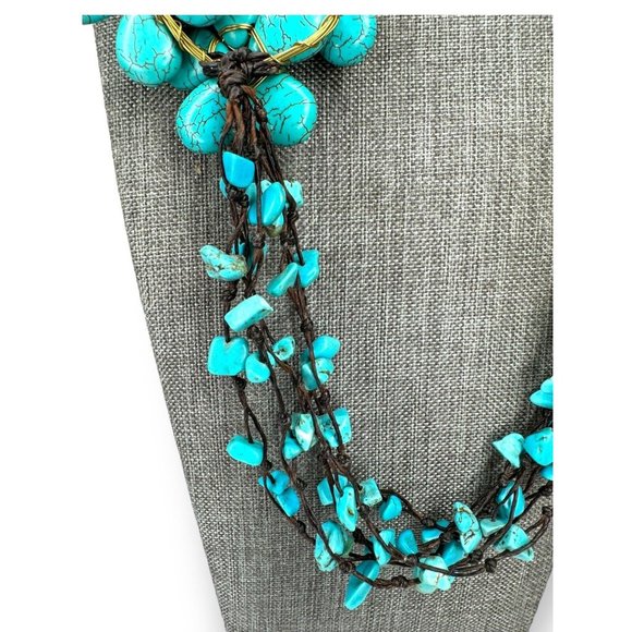 Turquoise Chip Dyed Howlite Blossom Flower Necklace Leather Cord 22” - Picture 8 of 11